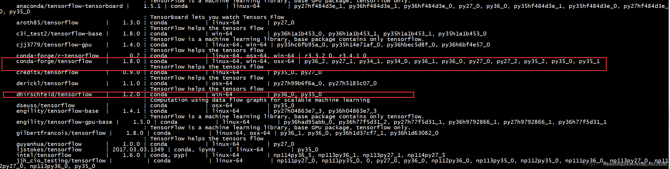 可以看出tensorflow可以在win64上安装的只有两个