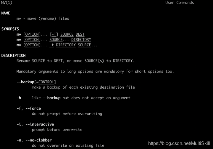 man 命令查看 mv 的帮助文档