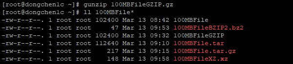 使用 gunzip 命令来对文件进行解压操作