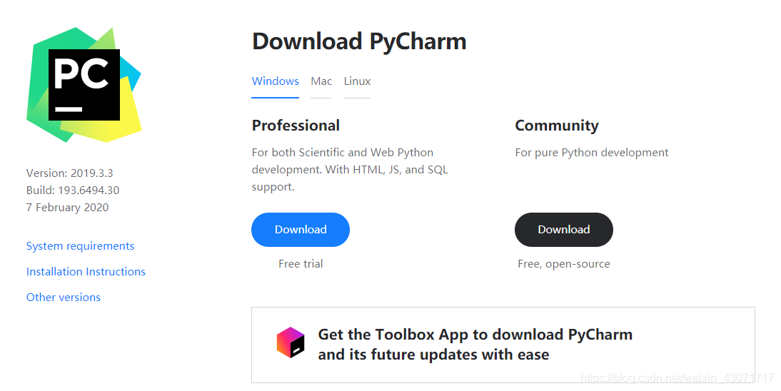 PyCharm下载官网截图
