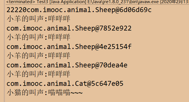应⽤继承和多态的思想，编写动物类，成员⽅法是动物叫声。写三个具体的类（猫、 狗、⽺），它们都是动物类的⼦类，并重写⽗类的成员⽅法。编写测试类，随机产⽣三 种具体动物，调⽤叫声这个⽅法。