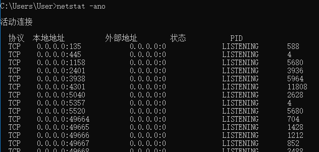 >netstat -ano