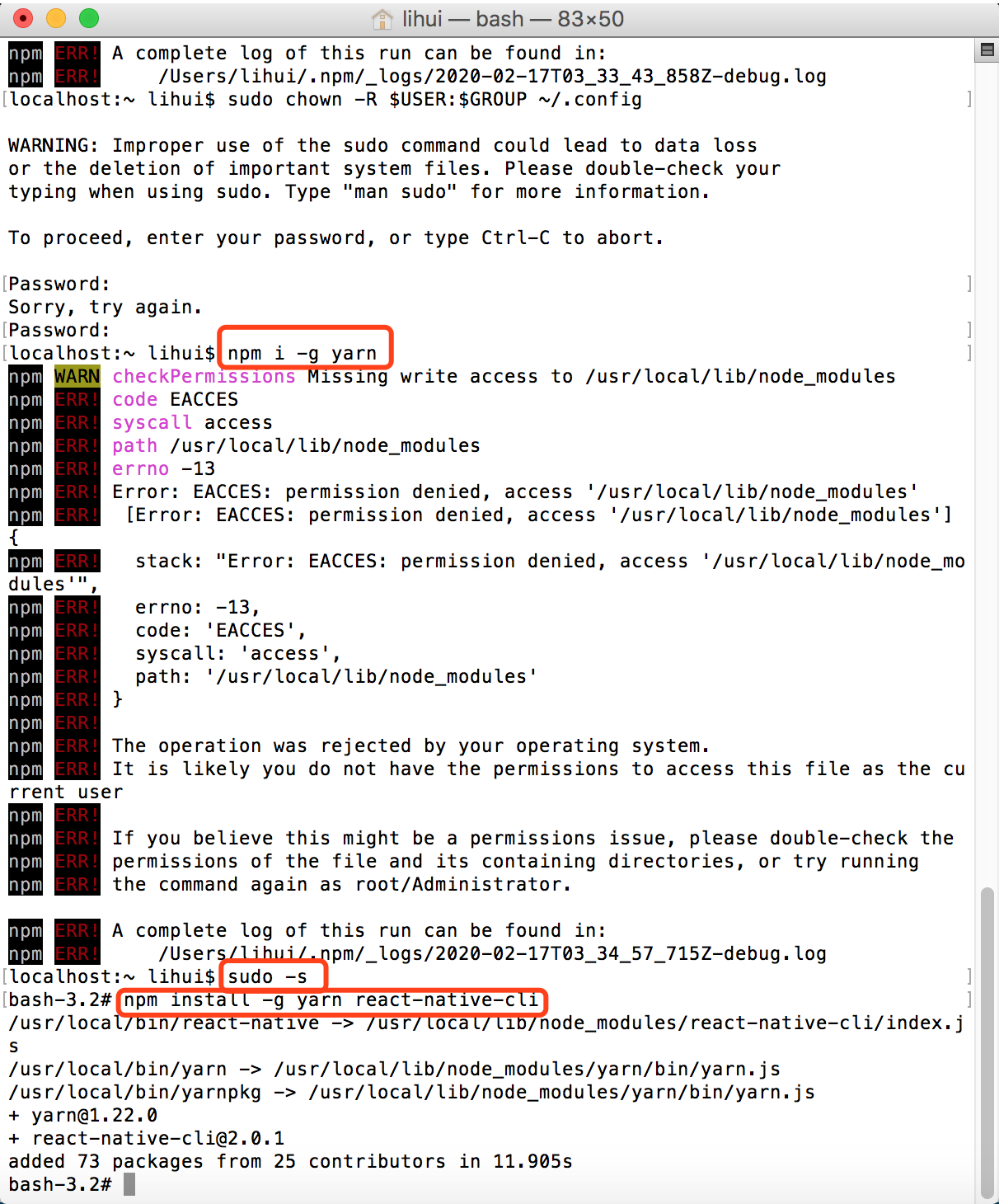 Mac下全局安装yarn ，没权限处理方式_mac install yarn 没有权限CSDN博客