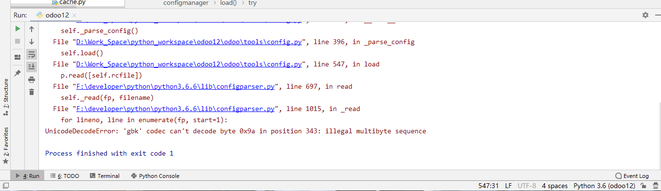 Odoo12启动报错：UnicodeDecodeError: 'gbk' codec can't decode byte