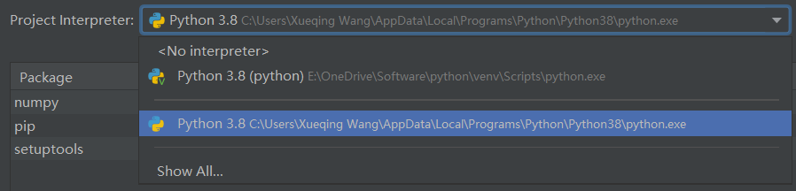 Project Interpreter中添加python路径，一个是Scripts里面的，这个路径下安装numpy迟迟不成功；另一个是C盘的路径，这个路径下安装成功