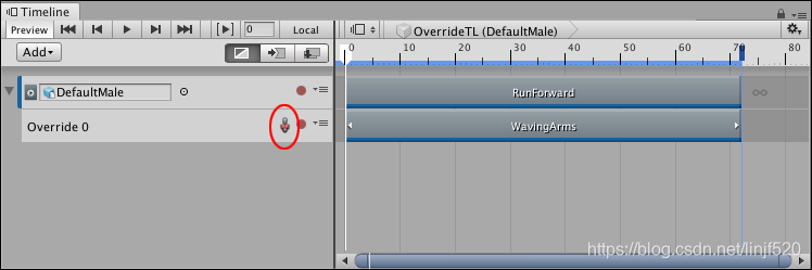 The Avatar Mask icon (red) indicates that the Animation Override track uses an Avatar Mask.