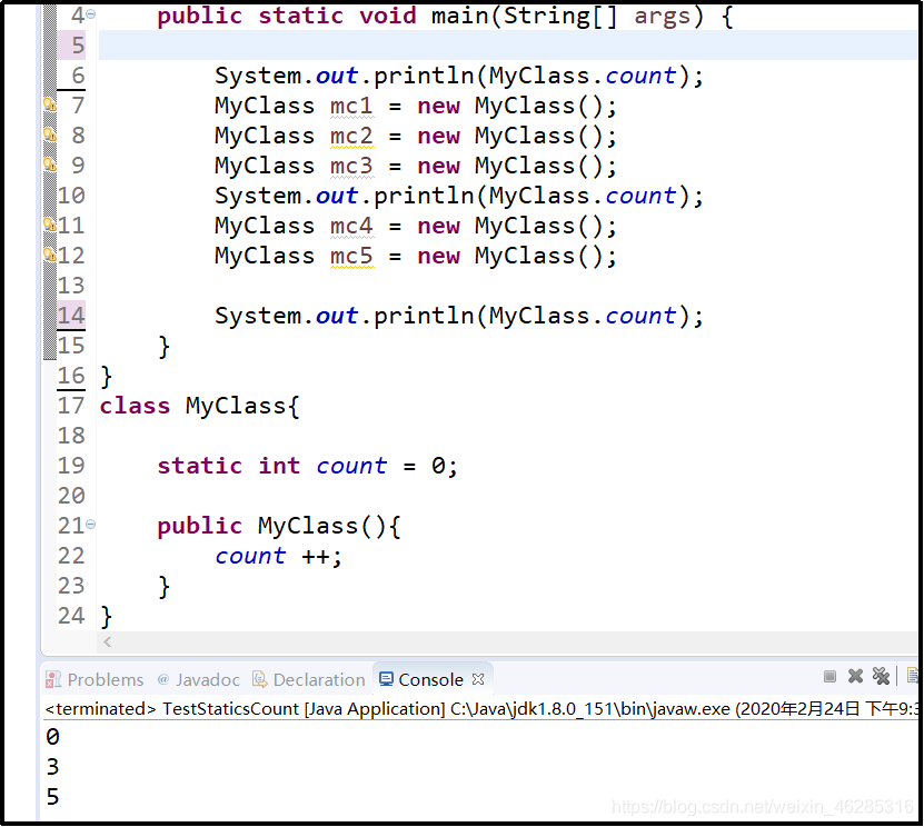 Because want to see how many objects are created, the whole class to share, so use a static modification variable count.