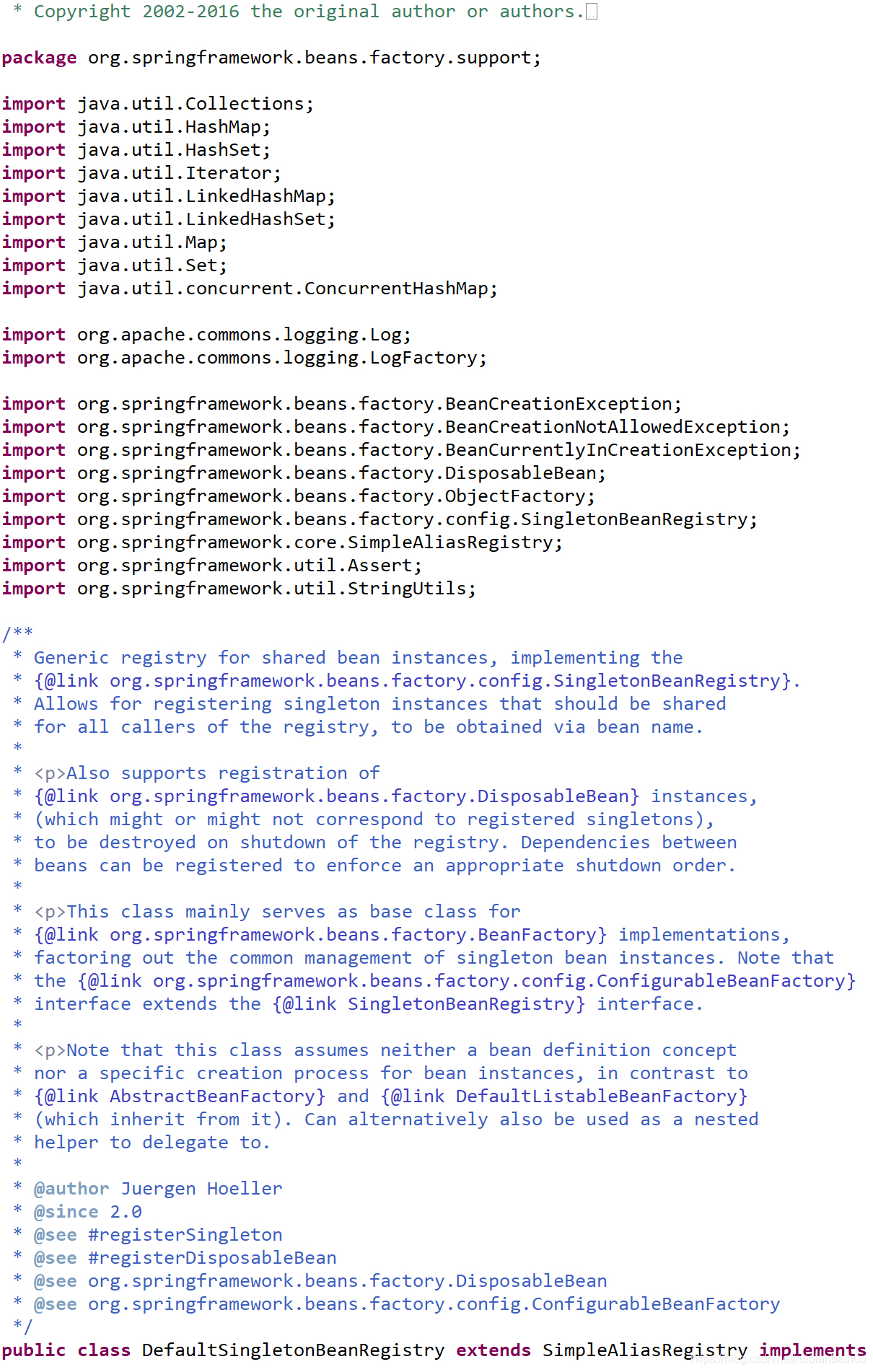 类DefaultSingletonBeanRegistry源码文档解释