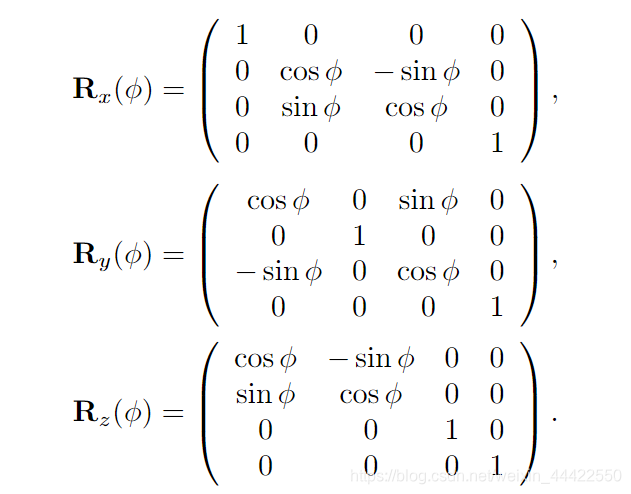 绕单个坐标轴逆时针旋转φ°的旋转矩阵R（3D）