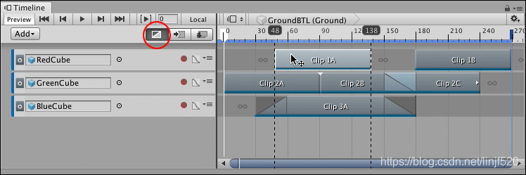 Select Mix mode (circled). Select and drag to position a clip.