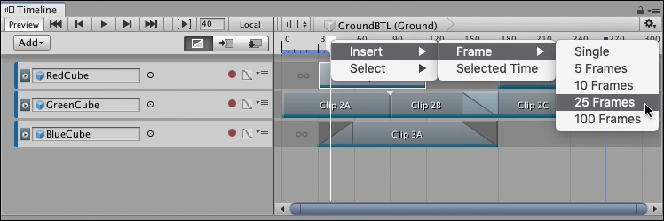 To insert 25 frames, right-click the Timeline Playhead and select Insert  Frame, then 25 Frames