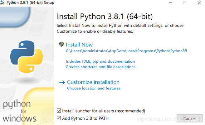 注意勾选Add Python 3.8 to PATH 然后点击install Now