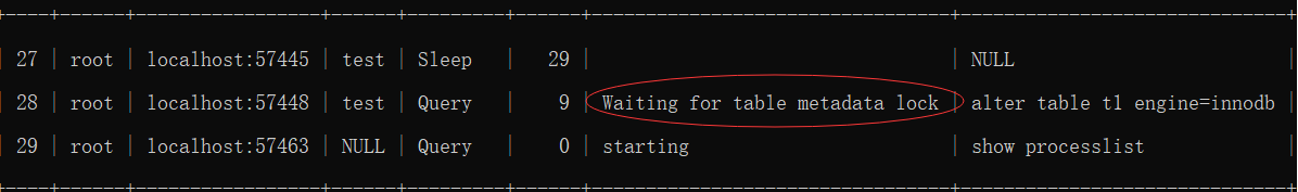 我们可以看到，在State下，目标线程处于waiting for table metadata lock的状态