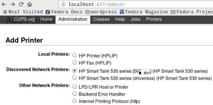 CUPS Web Interface - Administration -Add Printer