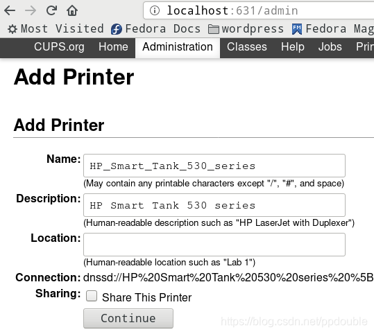 CUPS Web Interface - Administration - Add Printer - 2