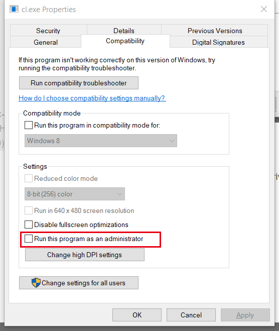 Cl exe is not able to compile a simple test program 