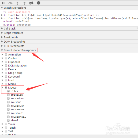 打开Event Listener ---- Mouse ----click