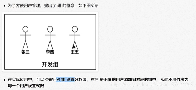 在实际应用中, 可以预先对 组 设置好权限, 然后 将不同的用户添加到对应的组中, 从而不用一次为每一个用户设置权限