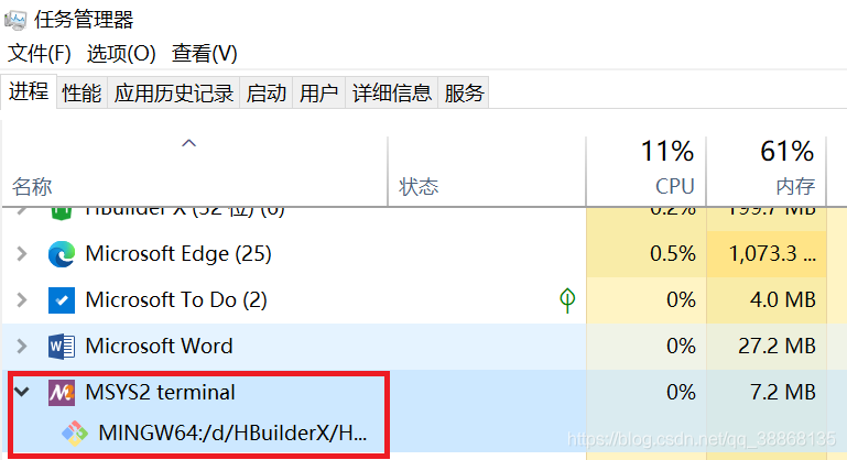 任务管理器中的MSYS2