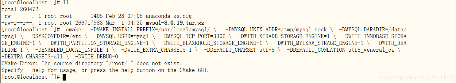 源码编译mysql ，在官网下载了mysql source code linux版的，上传到crt进行cmake编译时出现CMake Error: The source directory "/root/ " does not exist.