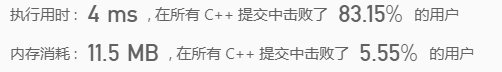 执行用时 :4 ms, 在所有 C++ 提交中击败了83.15%的用户内存消耗 :11.6 MB, 在所有 C++ 提交中击败了5.55%的用户