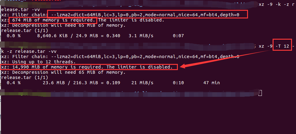 可以看到使用-T12时,需要至少14G的内存