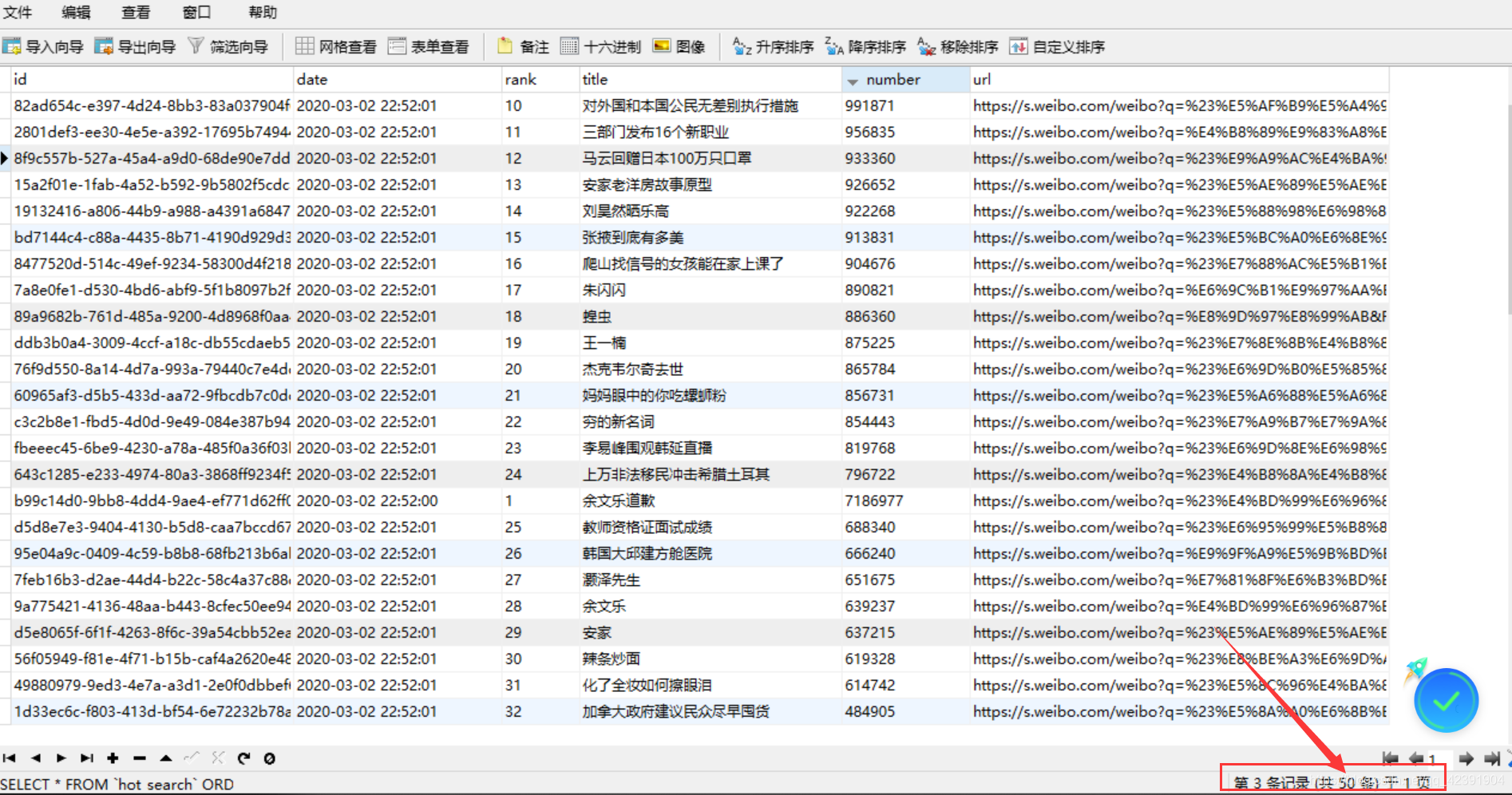 数据库正常写入50条热搜数据
