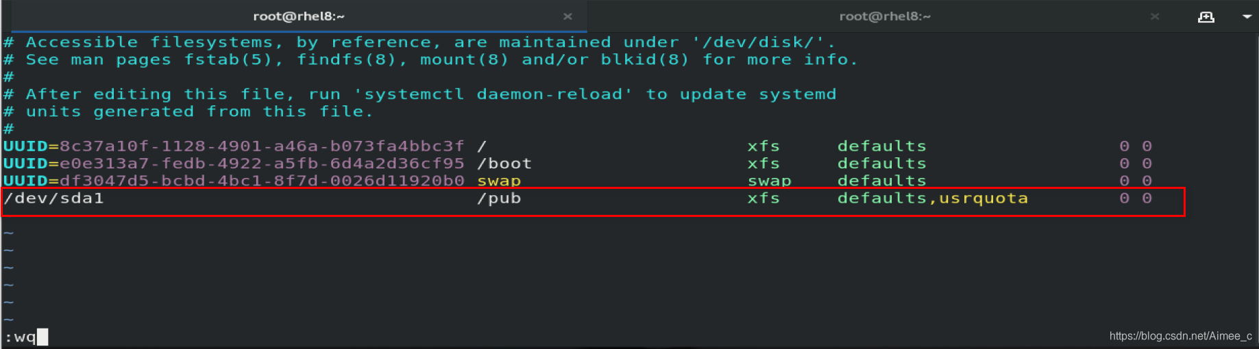 /dev/sda1 /pub xfs defaults,usrquota 0 0