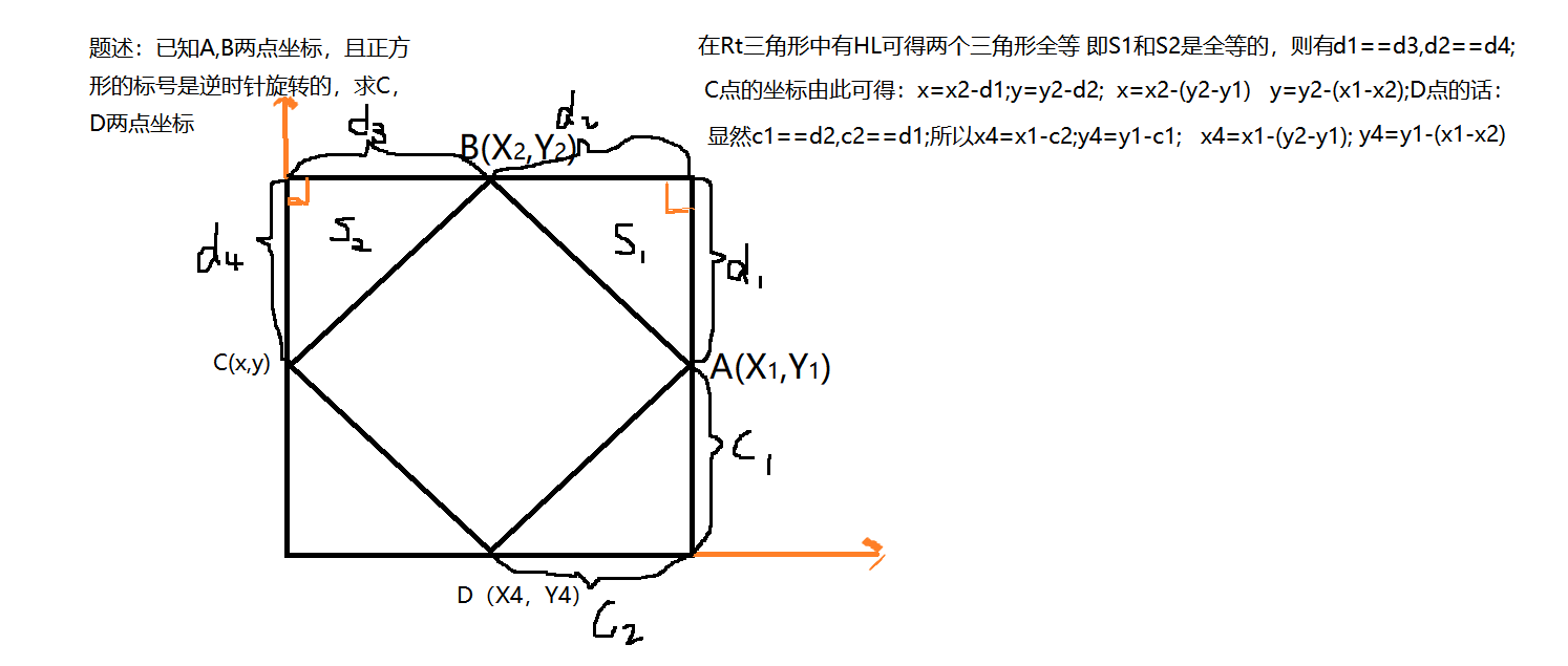 数学几何 已知正方形相邻两点的坐标 求另外两点的坐标 小明的博客 Csdn博客