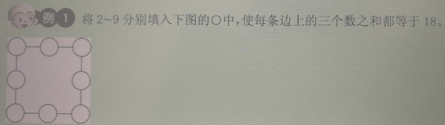 python学习小记 解题：将2~9分别填入下图的空格中，使每条边上的三个数之和都等于18