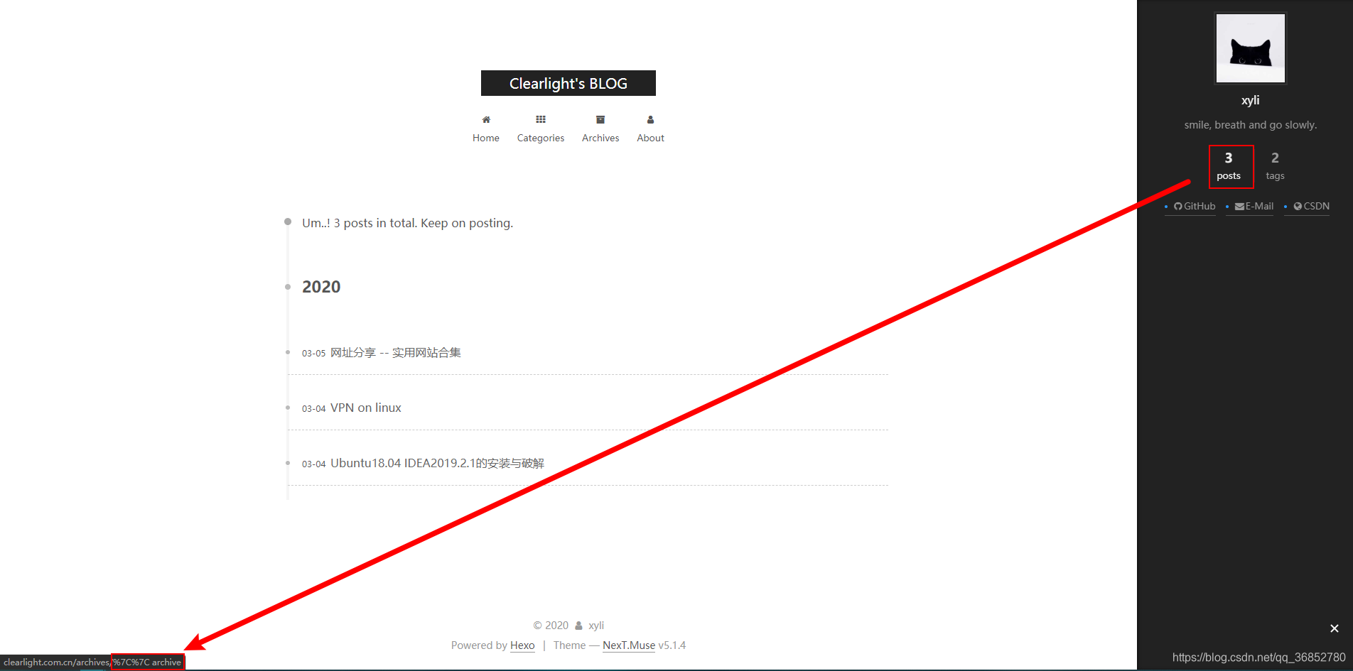 侧栏中的posts打开的链接错误,修改链接 - Hexo建站(五)