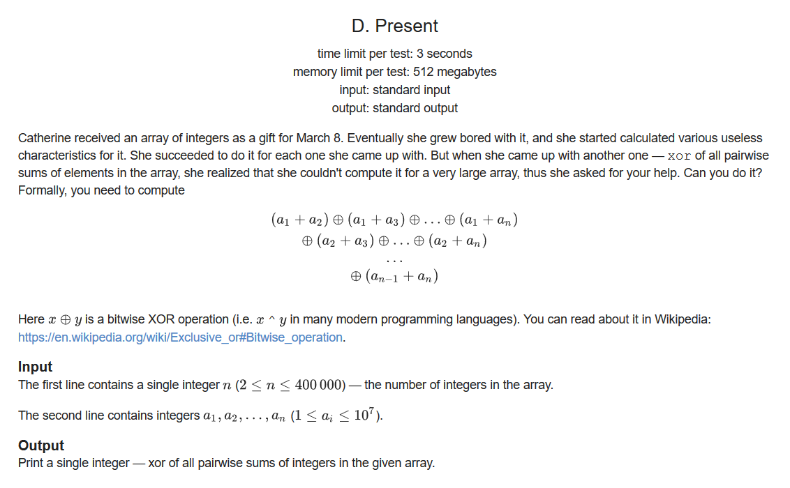 Codeforces Round #626 (Div. 2) （D. Present 精妙异或处理 E. Instant Noodles（思维 ...