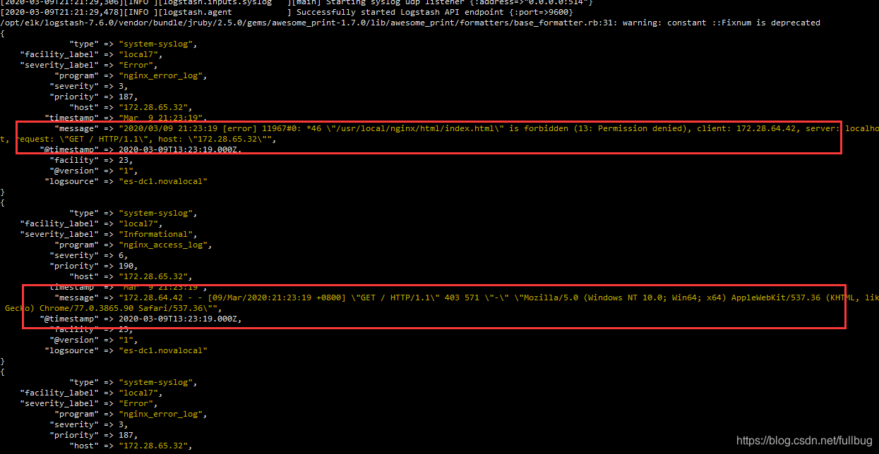 logstash的控制台可以看到相应的nginx访问access和error的日志