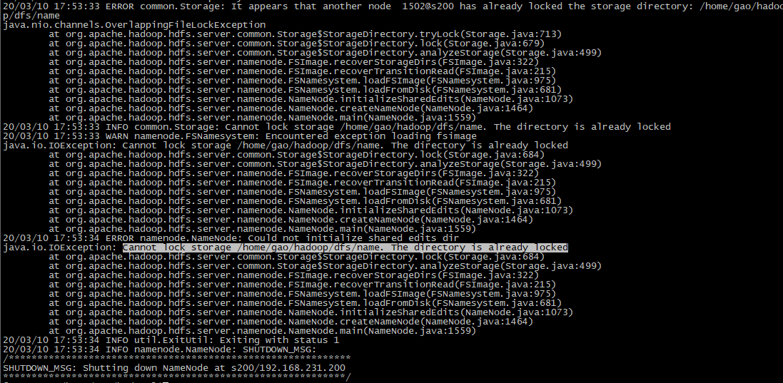 Cannot lock storage /home/gao/hadoop/dfs/name. The directory is already