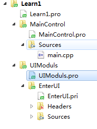 Learn1.pro文件是总工程属性，其中各个子项目中的pro文件是子项目属性，因为Qt里面没有像VS一样的有文件筛选器，所以想在一个模块里面建立文件夹进行归类cpp和h文件，就得使用pri文件进行设置