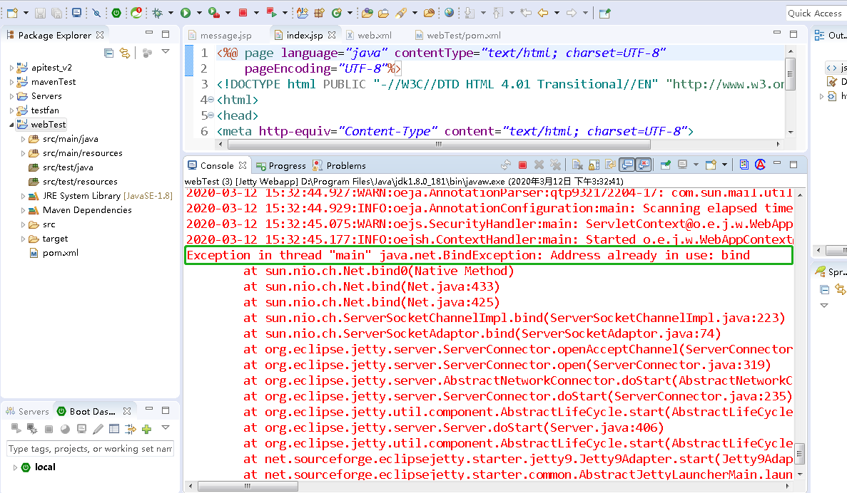 Maven Web项目运行时，报错：Exception In Thread "main" Java.net.BindException ...