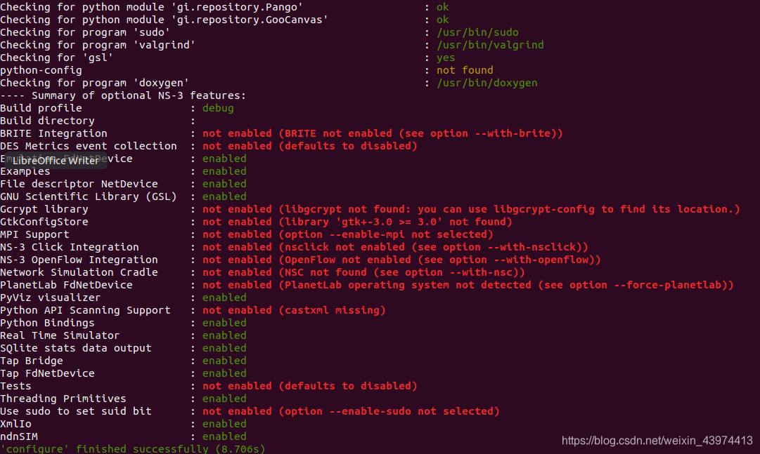 可以看到ndnSIM是enabled的