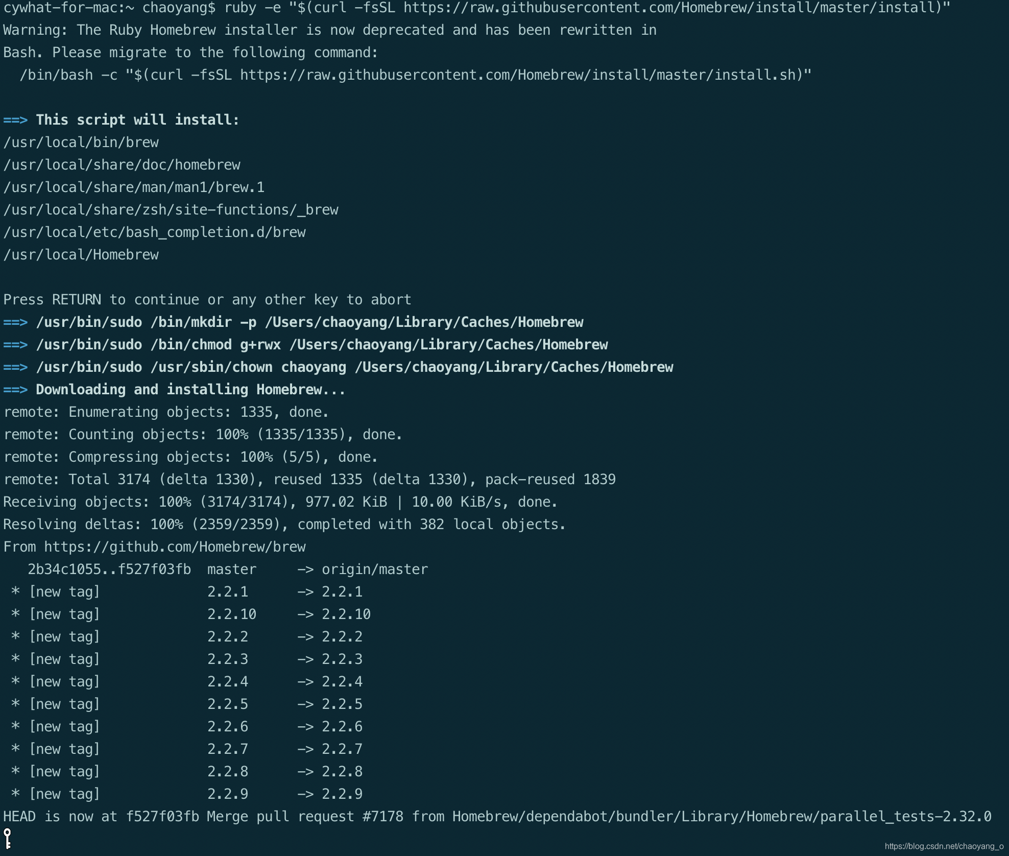 安装brew中 https://img-blog.csdnimg.cn/20200318153528840.png?x-oss-process=image/watermark,type_ZmFuZ3poZW5naGVpdGk,shadow_10,text_aHR0cHM6Ly9ibG9nLmNzZG4ubmV0L2NoYW95YW5nX28=,size_16,color_FFFFFF,t_70