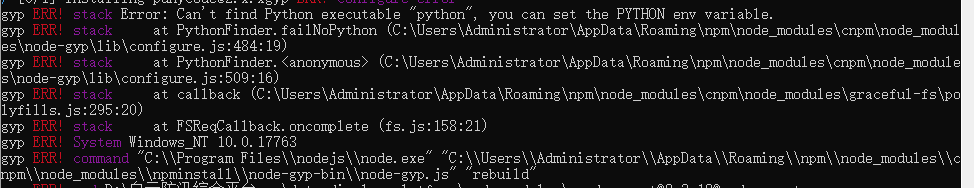 Can't find Python executable "python", you can set the PYTHON env variable