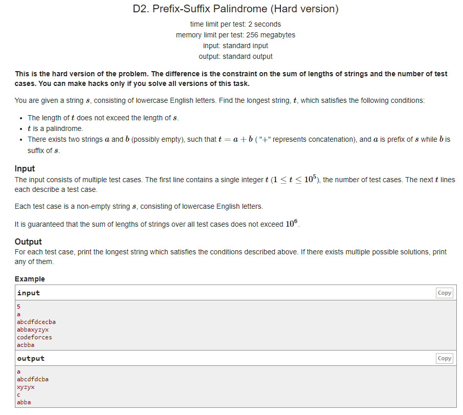 Codeforces Global Round 7 D2 - Prefix-Suffix Palindrome (Hard version ...