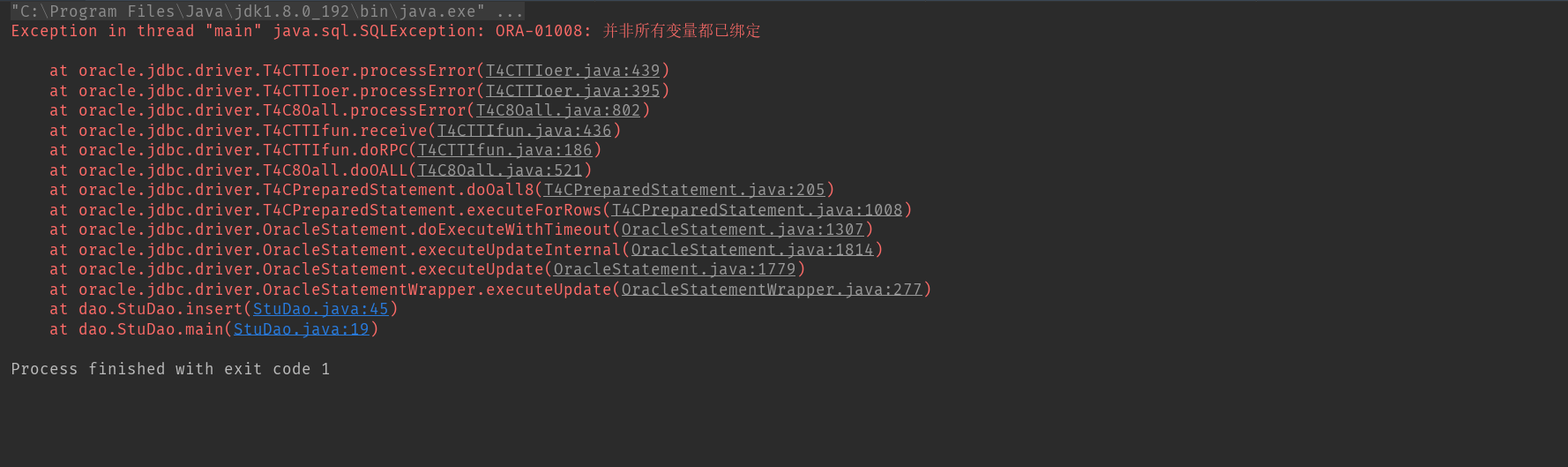 Exception in thread "main" java.sql.SQLException: ORA-01008: 并非所有变量都已绑定解决方案