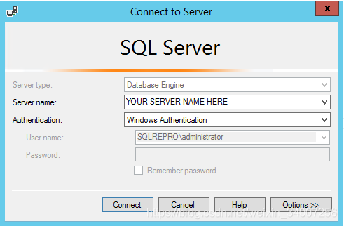  SQL Serverインスタンスを使用するためのサーバー名フィールドとオプション