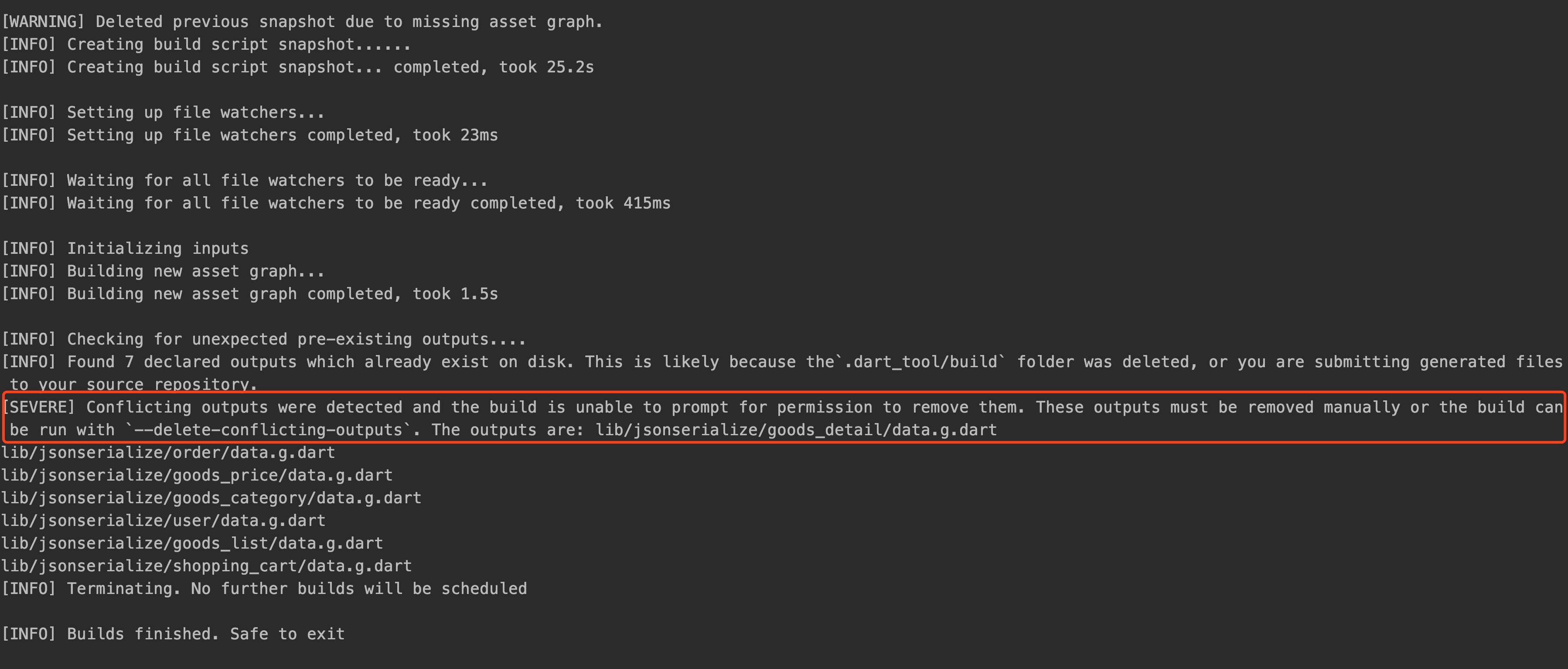 解决flutter conflicting outputs were detected and the build is unable to prompt for permission to r...