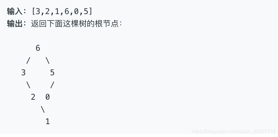 输入：[3,2,1,6,0,5]输出：返回下面这棵树的根节点：