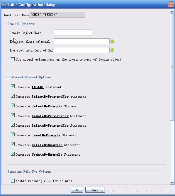 Table Configuration Dialog