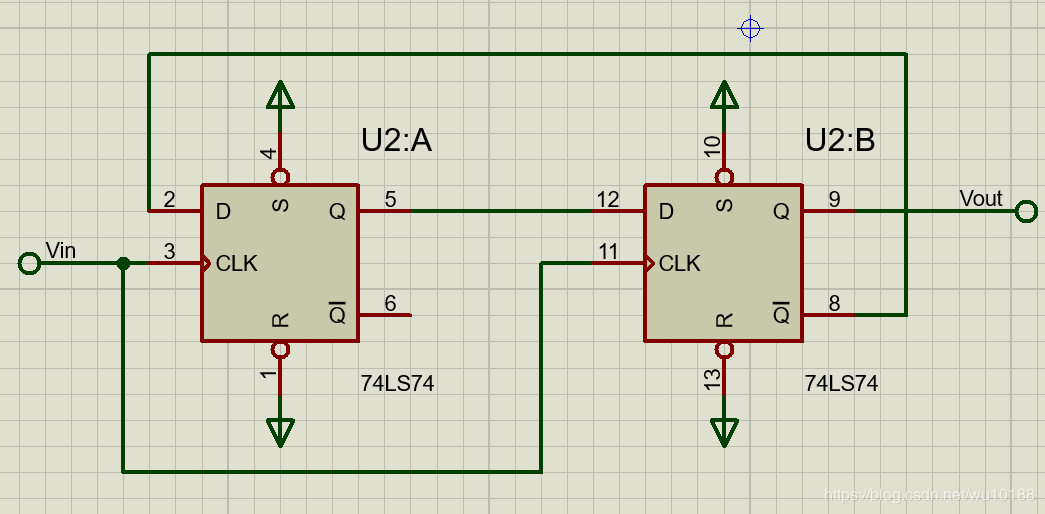 使用一片74LS74实现四分频