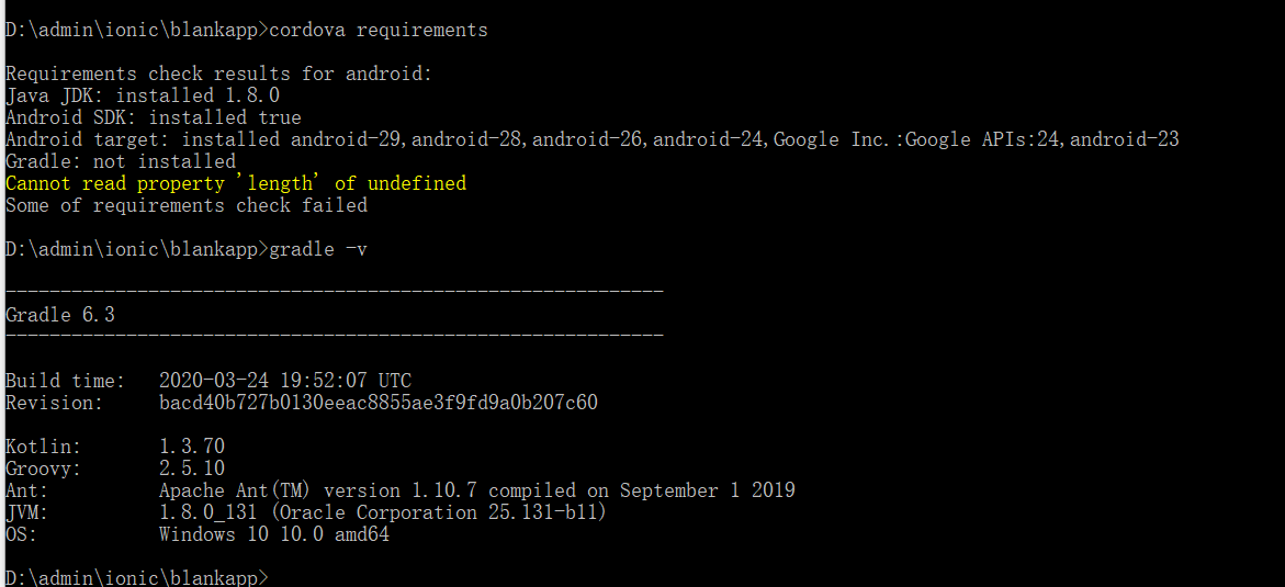 cordova requirements报错cannot read property “length“ of undefined