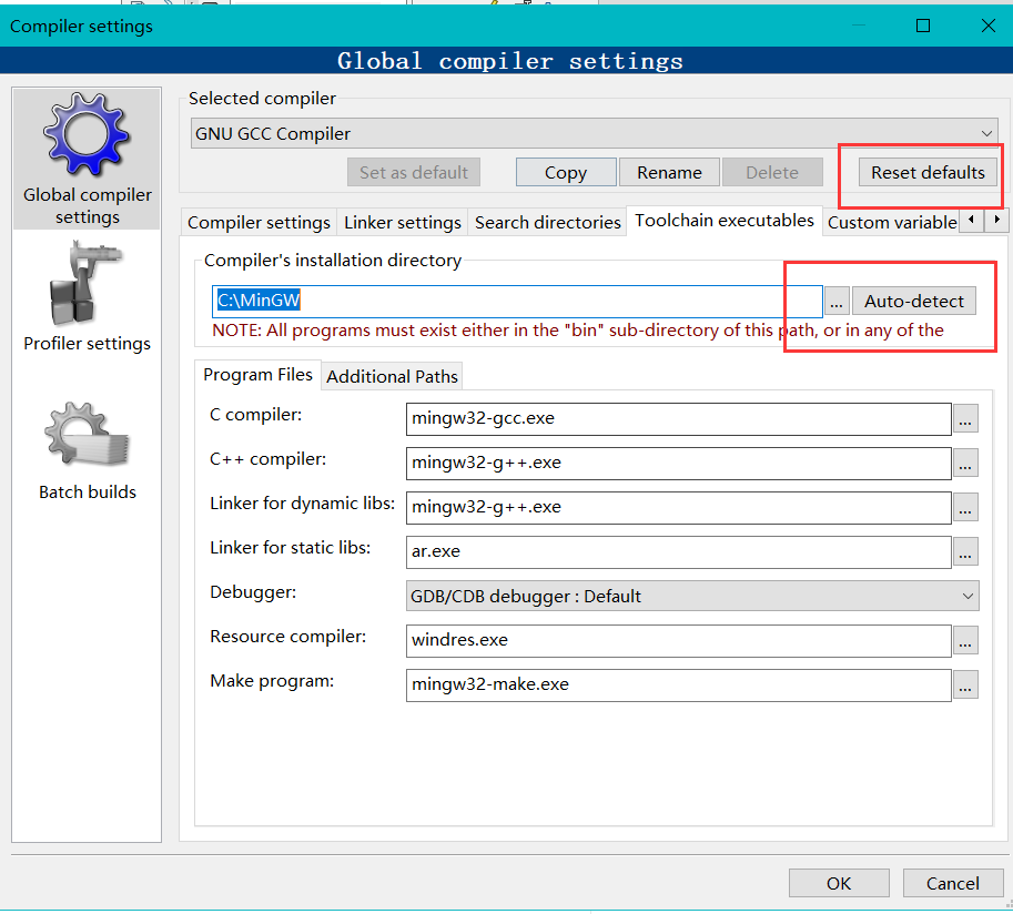 restore defaults codeblocks compiler