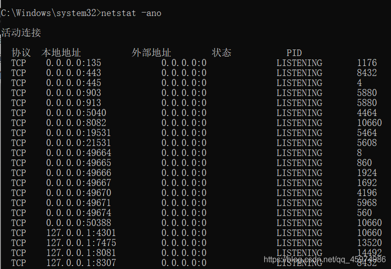 netstat -ano命令查看进程PID