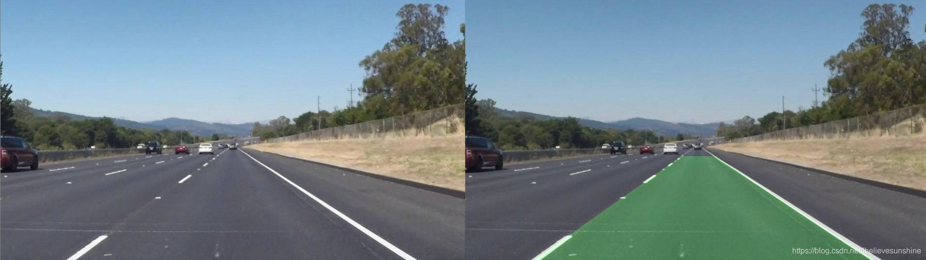 左图：原图；右图：车道检测结果